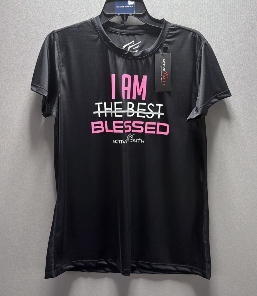 Womens Tops Active Faith Sports Quick Dry Blessed Black Pink T-Shirt XL NWT